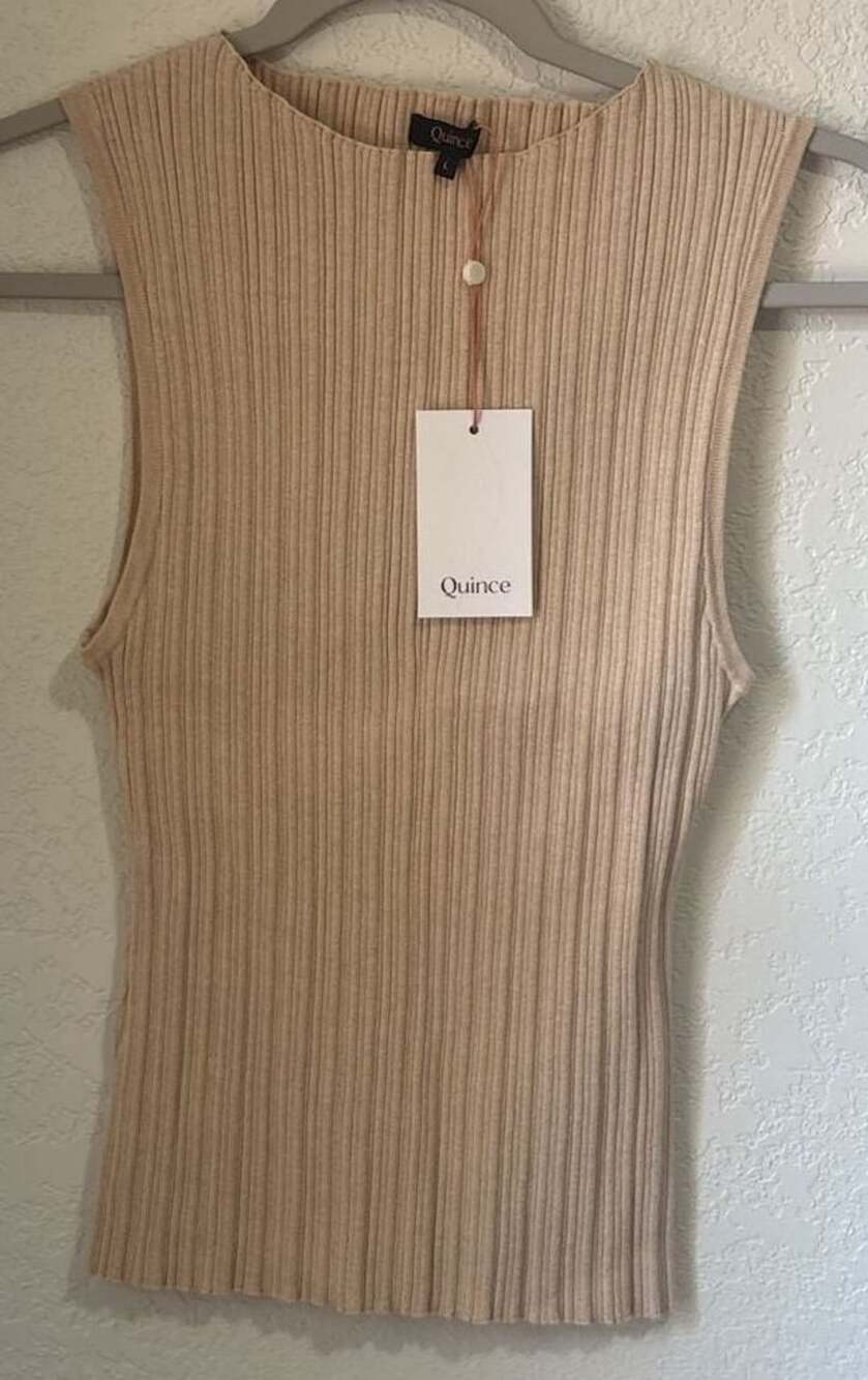 Quince Organic Cotton Cashmere Ribbed Crew Neck Tank Top Beige Size L